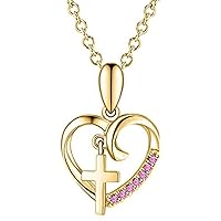 Round Cut Pink Sapphire 925 Sterling Silver 14K Gold Finish Diamond Cross Heart Pendant Necklace for Women's & Girl's