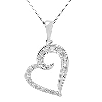 Diamond Heart Pendant Necklace in 14k Rose Gold Plate or Sterling Silver 1/8 cttw - Baguette and Round Diamonds - 18 Inch Chain