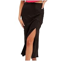 Ladies Satin Skirts Split Side High Cut Midi Skirt Full Slip Pencil Skirt High Waisted Solid Color Cocktail Skirt for Women