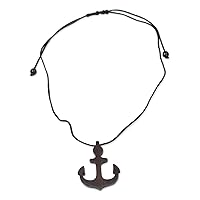 NOVICA Handmade .925 Sterling Silver Ebony Wood Pendant Necklace Anchor from Ghana Glass Bead Nautical 'Nautical Anchor'