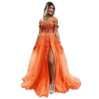Women's Off The Shoulder Prom Dresses Tulle Lace Appliques Long Ball Gowns 2024 A Line High Split Evening Dresses LVY003