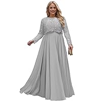 2 Pieces Mother of The Bride Dress Chiffon Long Sleeves Formal Evening Gown Lace Wedding Guest Dresses for Women