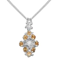 LBG 925 Sterling Silver Natural Diamond Citrine Womens Pendant Chain Necklace - Choice of Chain lengths