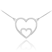 14K WHITE GOLD DOUBLE HEART NECKLACE WITH DIAMONDS - Length:: 22