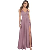 V Neck Spaghetti Straps Satin Bridesmaid Dresses with Slit Long for Women Formal Evening Gowns