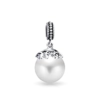 Flower White Simulated Pearl Dangle Spacer Bead Charm For Women Teen Oxidized .925 Sterling Silver Fits European Bracelet