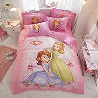 100% Cotton Kids Bedding Set Girls Sofia The First Princess Duvet Cover and Pillow Cases and Flat Sheet,4 Pieces,Queen