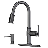 Black Stainless Kitchen Sink Faucet with Pull Down Sprayer, DAYONE Single Handle 1 Hole High Arc Flow 360° Swivel Kitchen Faucets with Soap Dispenser, APS136BS