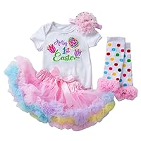 Baby Girls 1st Easter Outfit Romper Tutu Skirt Headband Leg Warmers 4Pcs Clothes Set for Girls 0-24 Months