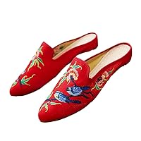 Flock Cotton Fabric Women Embroidered Pointed Toe Flat Mules Slippers Retro Ladies Embroidery Slides Shoes