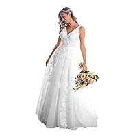 Boho Lace Wedding Dresses for Bride Women Long Tulle A Line Backless Bridal White Wedding Gowns