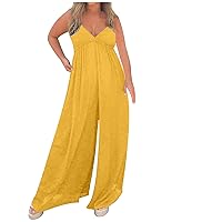 Plus Size Jumsuit for Women Solid Wide Leg Summer Bib Long Pants Overalls Spaghetti Strap Dressy V Neck Rompers