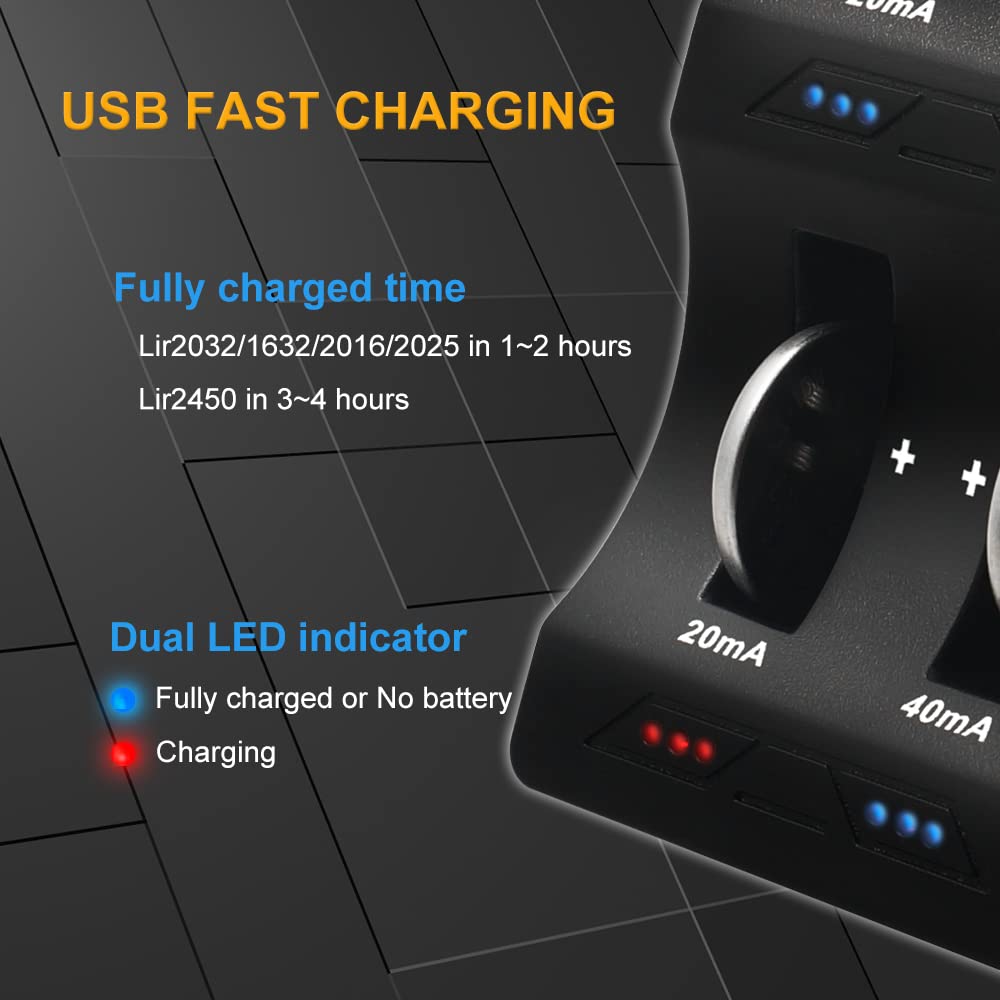 CT-ENERGY Lithium Coin Button Cells Battery Charger with 4 Pack 3.6V Rechargeable Lir2032 Batteries Replace 3V CR2032 Battery