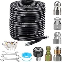 Sewer Jetter Kit for Pressure Washer 150FT, Newest 5800PSI Drain Cleaner Hose 1/4 Inch NPT Corner, Rotating and Button Nose Sewer Jetting Nozzle Pearl Corsage Pin Waterproof Tape with 2 Spanner
