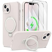 Liquid Silicone for iPhone 14 Plus Case with Magnetic Stand [2 Pcs Tempered Screen Protectors + Precise Camera Lens Protection] Mil-Grade Drop Protective Phone Case, Pearl White