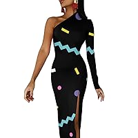 Retro 80S Geometric Pattern Half Sleeve Maxi Dress for Women Split Long Evening Dresses