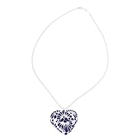 NOVICA Handpainted Ceramic Pendant Necklace Heart from Mexico .925 Sterling Silver No Stone Blue White Talavera Romantic 'Heart of Mexico'