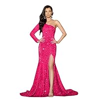 One Shoulder Sequin Prom Dresses Long Sleeve Mermaid Formal Evening Gowns Sparkly Cocktail Party Dresses with Slit