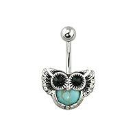 Antique Silver Turquoise Gem Owl 316L Surgical Steel Belly Button Ring