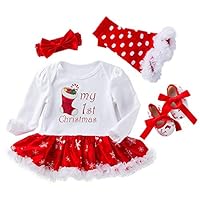 Baby Girls My First Christmas Romper Outfit Tutu Dress Infant Xmas Skirt with Shoes Headband Leg Warmer
