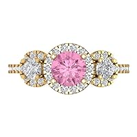 1.72ct Round Cut Halo Solitaire three stone With Accent Pink Simulated Diamond designer Statement Ring 14k Yellow Gold