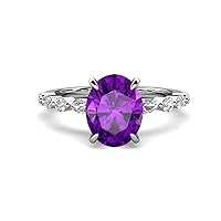 2.18 ctw Amethyst Oval Shape (9 x 7 mm) alternating Side Marquise & Round Lab Grown Diamond Hidden Halo Engagement Ring in 14K Gold