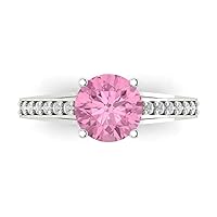 2.18ct Round Cut cathedral Solitaire Pink Simulated Diamond designer Modern Statement with accent Ring Solid 14k White Gold