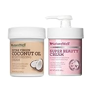 NatureWell Clinical Super Beauty + Coconut Oil Cream Bundle, Extra Virgin Coconut Oil Moisturizer + Super Beauty Moisturizer, Non-Greasy, Ultimate Hydration, For Face & Body, 16 Oz Each