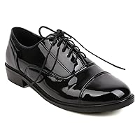 Women's Flat Oxford Shoes Lace Up Round Toe Comfort Low Heel Patent Leather School Saddle Oxfords Shoe