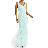 Womens Sequined Mesh Godet Sleeveless V Neck Full-Length Formal Mermaid Dress