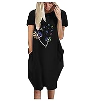 Women's 2023 Summer Casual T-Shirt Dress Short Sleeves Dandelion Print Beach Dresses Loose Pocketed Club Party Dress