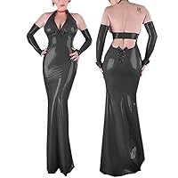 Plus Size Vintage Bowknot Long Dress Ladies Halter V-Neck Bodycon Dress Gothic Sleeveless Nightclub Party Vestido with Gloves
