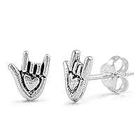 I Love You Hand Sign Language Cute .925 Sterling Silver ASL Promise Heart Stud Earrings
