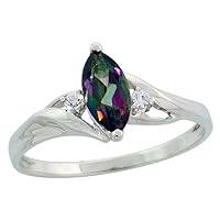 Dainty 10k White Gold Mystic Fire Topaz Ring for Women and Girls Gold 8x4mm Marquise CZ Accent 3/8 inch Wide (9mm) Wide
