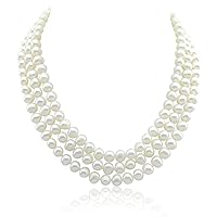 Akwaya 3-Row White A Grade Freshwater Cultured Pearl Necklace (6.5-7.5 mm) with Base Metal Clasp, 14/15/16