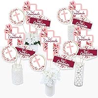Big Dot of Happiness First Communion Pink Elegant Cross - Girl Religious Party Centerpiece Sticks - Table Toppers - Set of 15