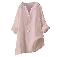 Women's Cotton Linen Shirts Button Down Long Tunic Tops Plus Size Roll Up 3/4 Sleeve V Neck Blouse Summer Fall Clothing
