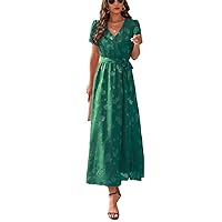 Casual Women's Summer Maxi Dresses Elegant Short Sleeve Floral Dress Jacquard Waist Tie Flowy Long Dress