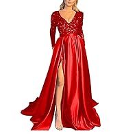 Sequins Long Sleeve Prom Dresses with Pockets Lace up V Neck Side Satin Long Formal Party Gowns
