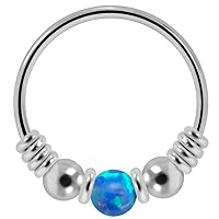9K Solid White Gold Opal Stone with Double Ball and Spring Coil 22 Gauge (0.6mm) Hoop Nose Ring Piercing Jewelry