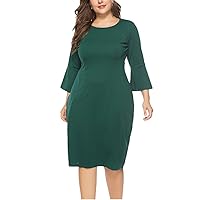 Women's Plus Size Bell Sleeve Dress Solid Color O Neck Knee Length Beach Long Dress