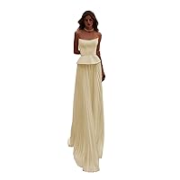 Women's Strapless Floor Length Dress Elegant Wedding Guest Dresses Casual Loose Ruched Long Maxi Dress