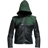 Superhero Green Stephen Amell Oliver Green Removable Hood Costume Faux Black Leather Jacket