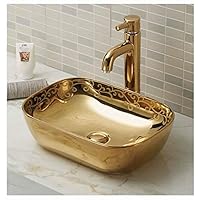 Ceramic Basin Bathroom Porcelain Vessel Sink Above Counter Countertop Bowl Sink for Lavatory Vanity Cabinet Contemporary Style 18 x 13 x 5.5 Inch (Gold)