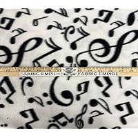 Fleece Fabric Printed Anti Pill Black Musical Notes White Background