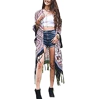 Womens Open Front Bohemian Aztec Diamond Print Tassel Kimono Beach Cover-up Cardigan