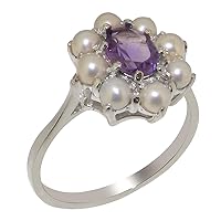 10k White Gold Natural Amethyst & Cultured Pearl Womens Cluster Ring - Sizes 4 to 12 Available