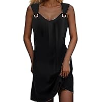 Women's Spring/Summer Sleeveless Peplum Hem Casual Dress V Neck Metal Button Up Midi Dress Plus Size Beach Dresses