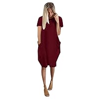 Women's Casual Dresses Jumper Blouse T-Shirt Dress Baggy Loose Dress Knee Length Crewneck Short Sleeve with Pocket Summer Sundress Daily Wear Streetwear(1-Wine,16) 1273