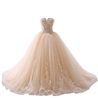Tulle Ball Gown Applique V Neck Wedding Prom Dresses for Bride Women Long